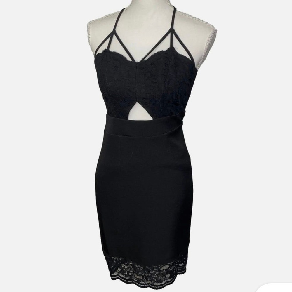 Express Lace Cutout Bodycon Dress Womens 8 Black Strappy Back Mini LBD